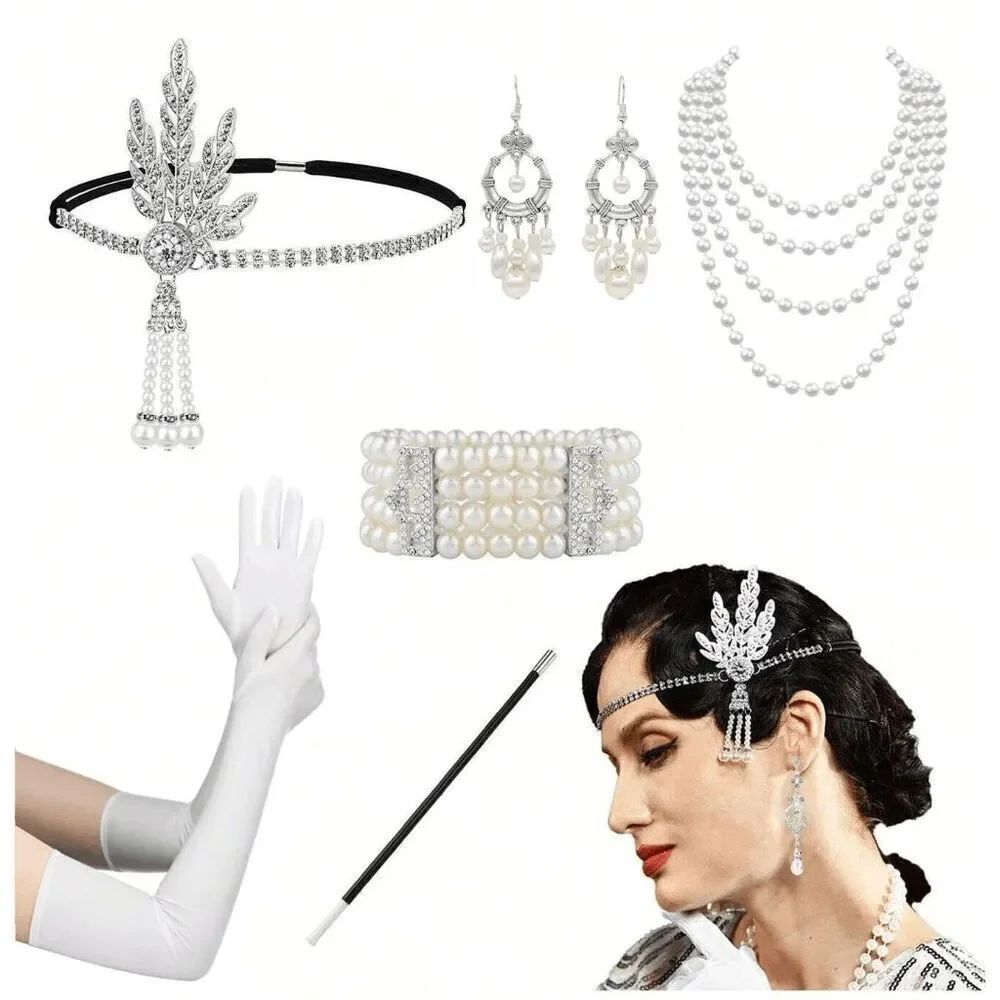 🤍✨ 6PCS 1920s White Accessories Flapper Great Gatsby Retro Costume Set NEW